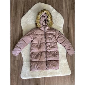 Pink Longline Puffer Jacket Fur-Lined Hood Zip-Up